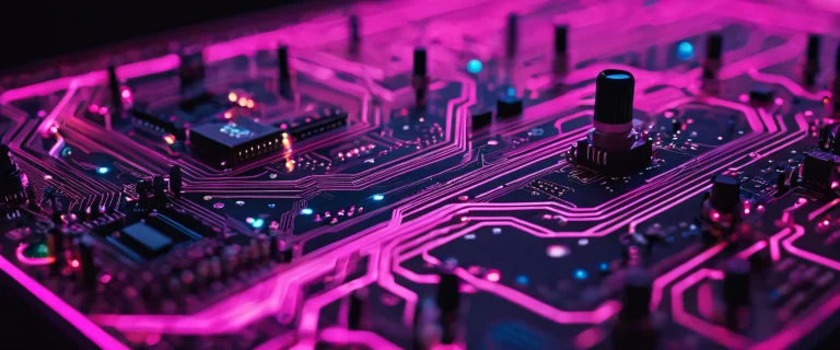 Graffiti-covered circuit boards with electronic components and fiber optics in a highly detailed and colorful image.