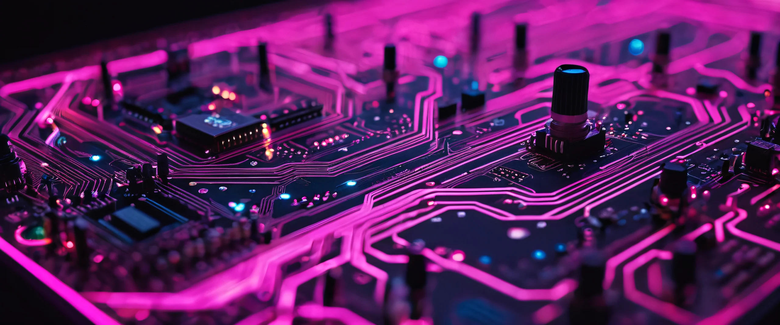 Graffiti-covered circuit boards with electronic components and fiber optics in a highly detailed and colorful image.