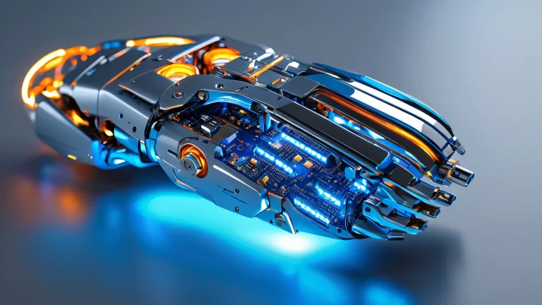 A futuristic robotic limb surrounded by neon code fragments against a dark industrial-gray background with glowing blue LED lights and scattered circuit boards for desktop/pc use.