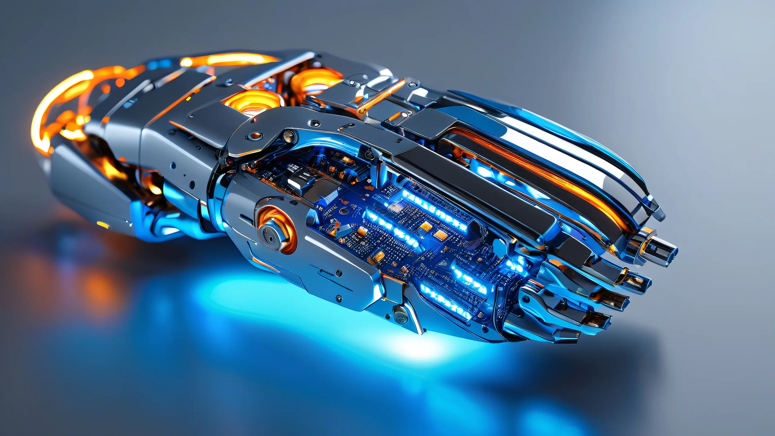 A futuristic robotic limb surrounded by neon code fragments against a dark industrial-gray background with glowing blue LED lights and scattered circuit boards for desktop/pc use.