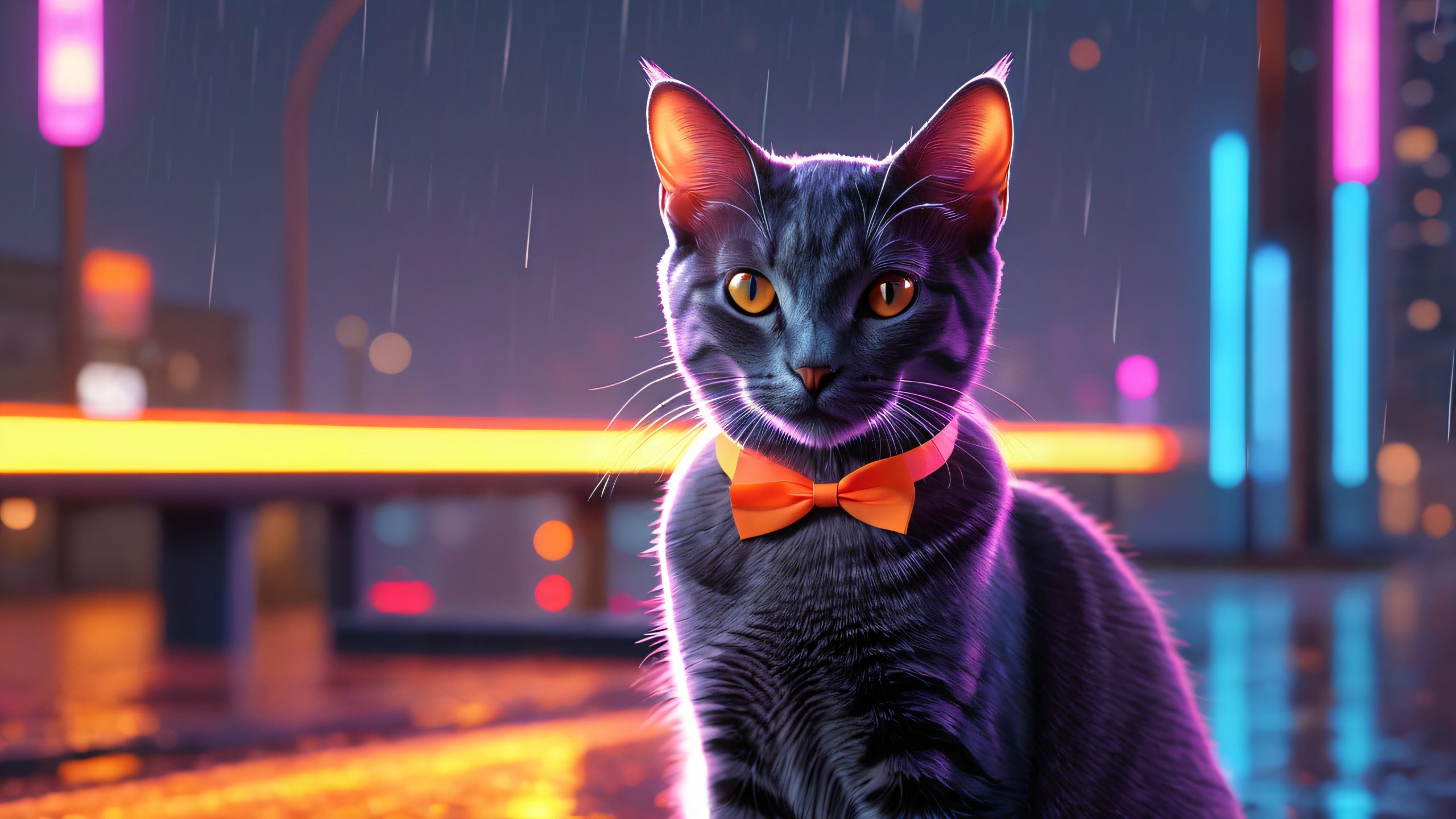 A sleek black cat emerges from city shadows with neon accessories at night