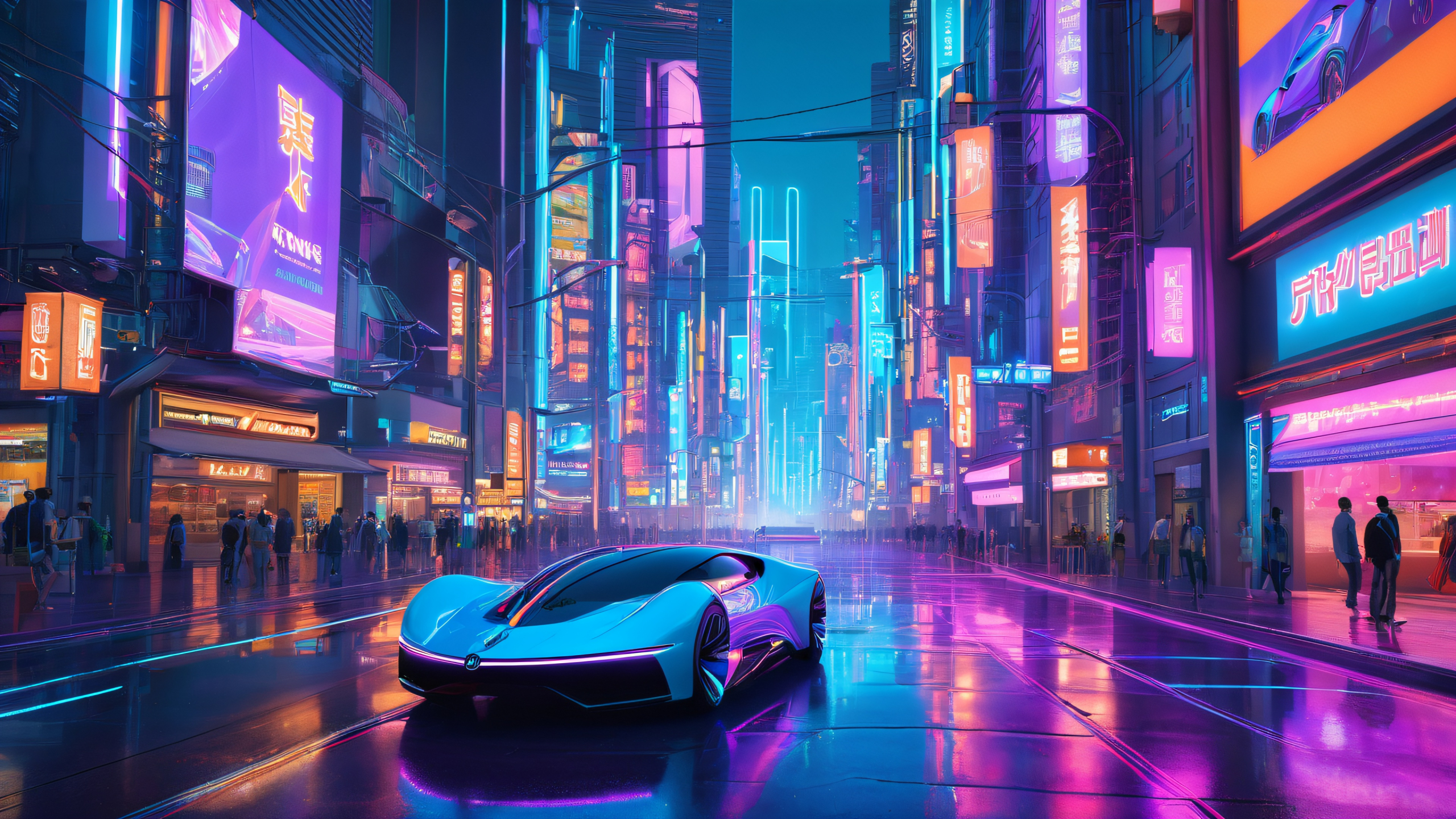 4K Neon City Chase Desktop Background OTO Melara ED glows with soft blue luminescence as it navigates a neon-drenched cityscape for desktop/PC
