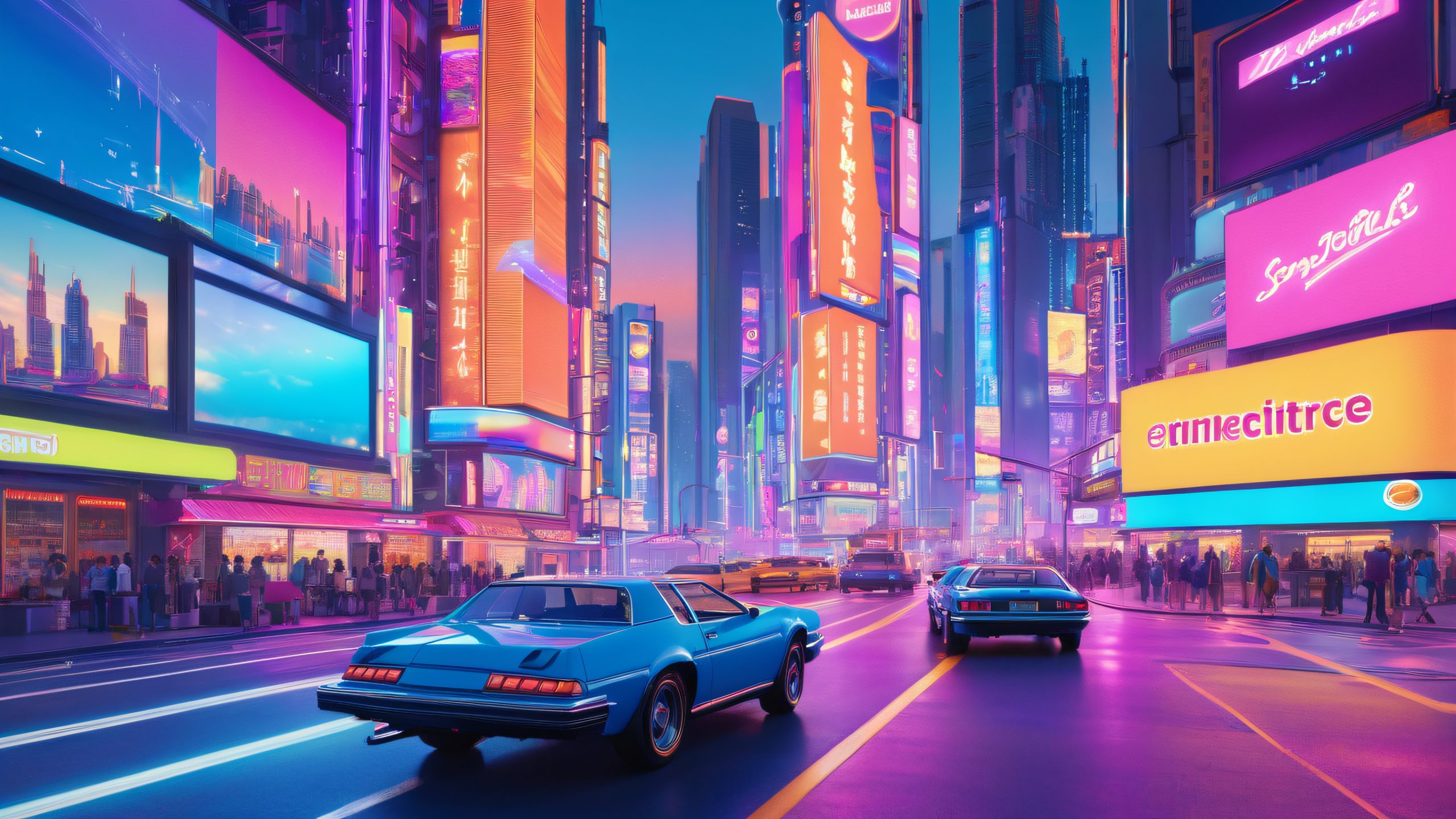 Neon City Dusk 4K UHD Wallpaper A futuristic cityscape at dusk with towering skyscrapers and bustling streets filled with pedestrians, cars, and streetlights.