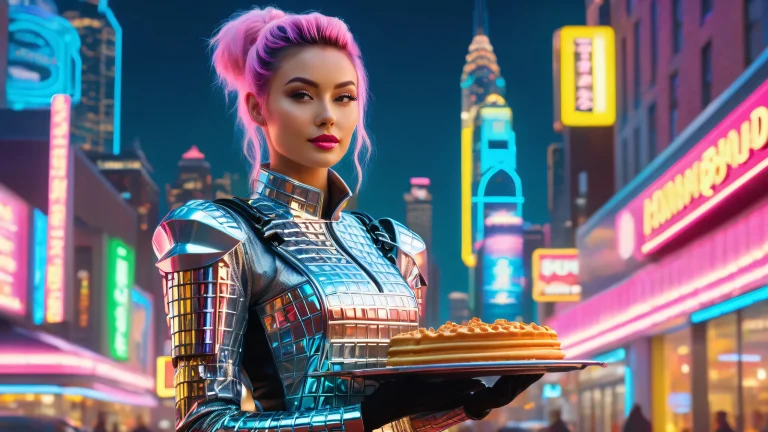 Futuristic waitress in metallic jumpsuit with jetpack and tray of waffles stands heroically amidst neon-lit cityscapes and digital storm clouds on a Desktop/PC