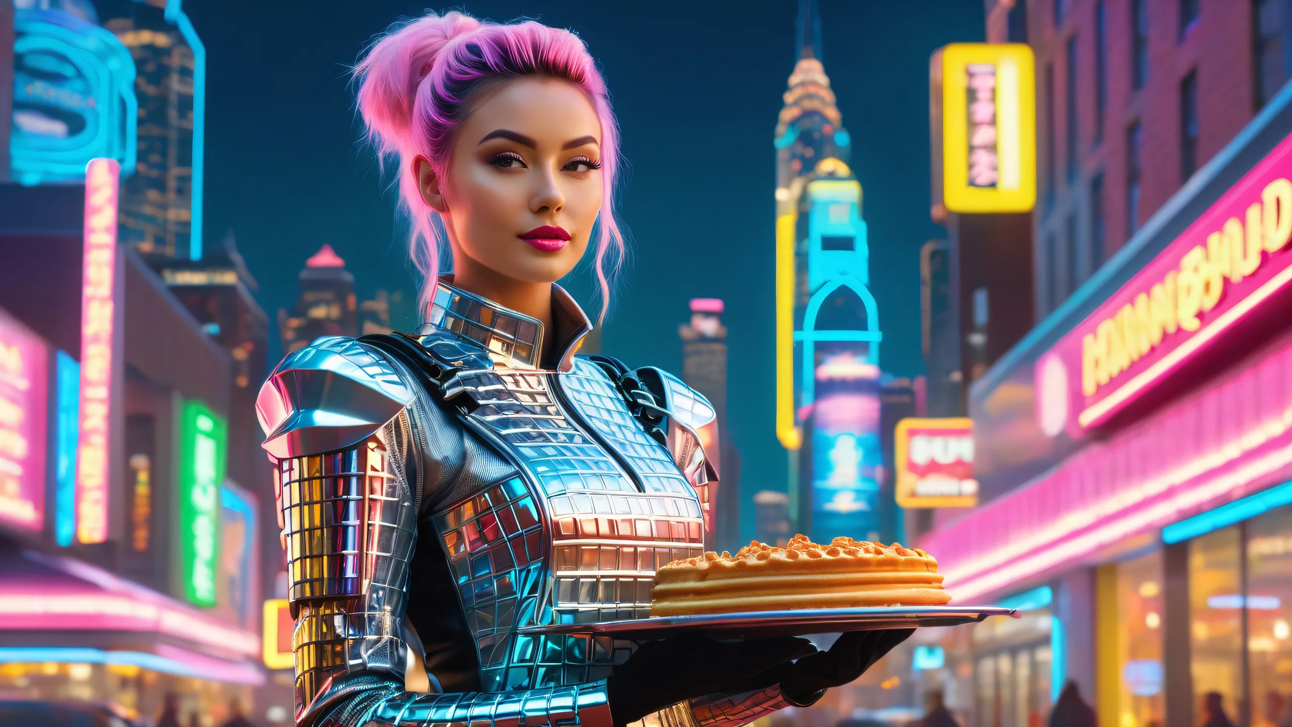 Futuristic waitress in metallic jumpsuit with jetpack and tray of waffles stands heroically amidst neon-lit cityscapes and digital storm clouds on a Desktop/PC