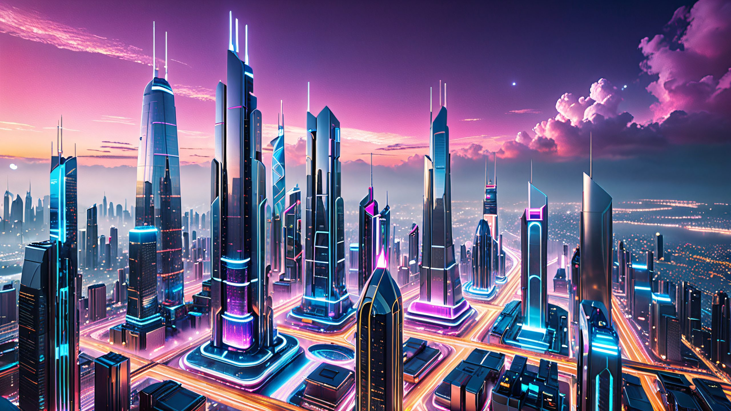 A futuristic cityscape with towering skyscrapers, holographic interface, and swirling data streams.