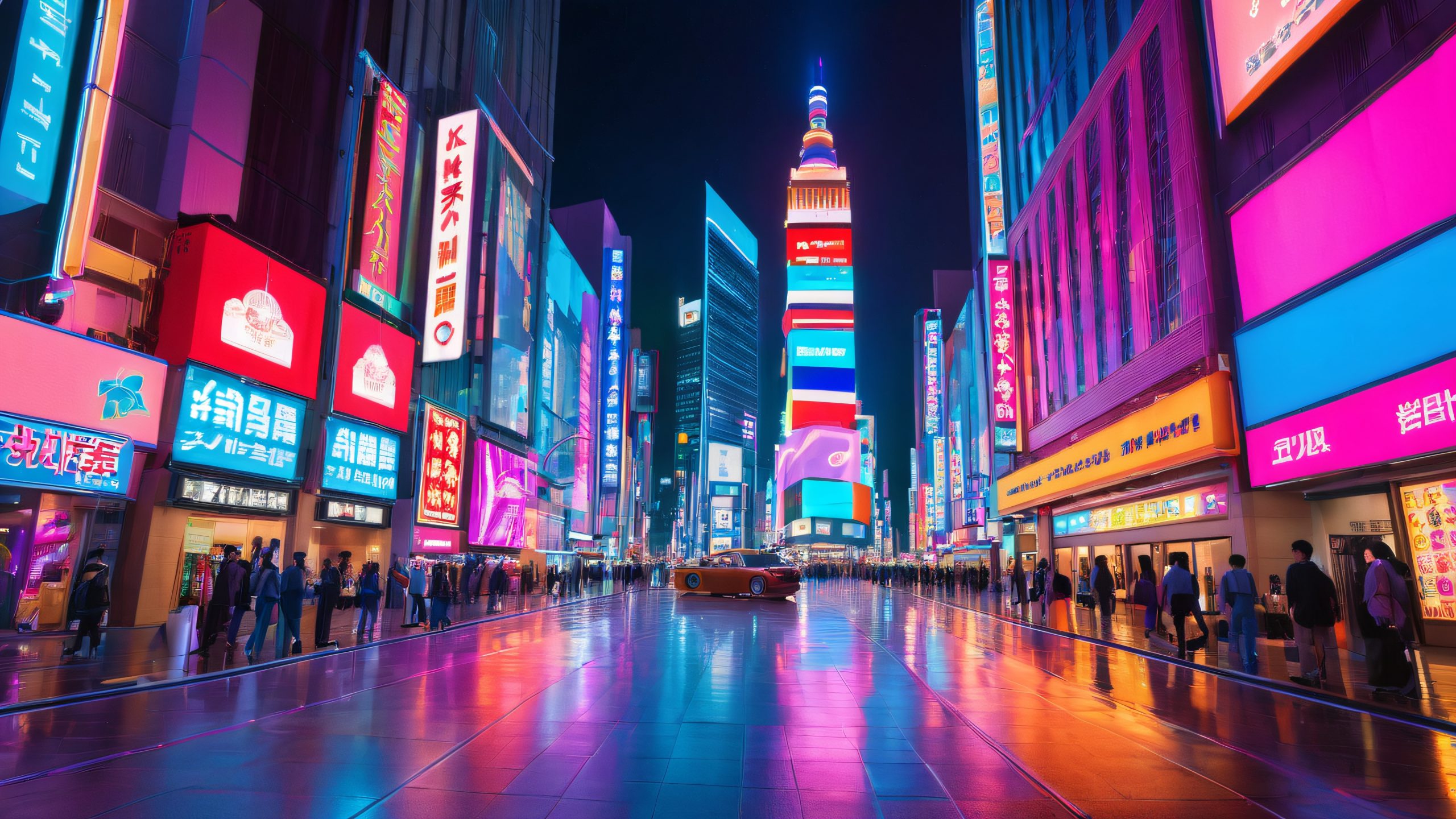 A bustling city street at night, lined with towering skyscrapers and neon signs, with vibrant colors and energetic atmosphere.