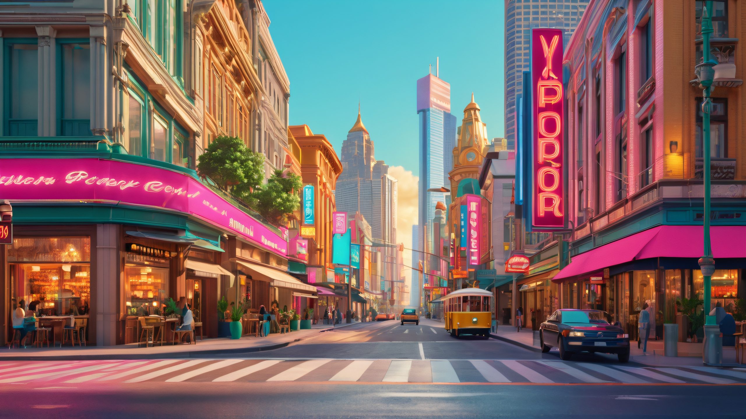 A vibrant street corner scene on a desktop/pc with diverse people, neon lights, and city life sounds.