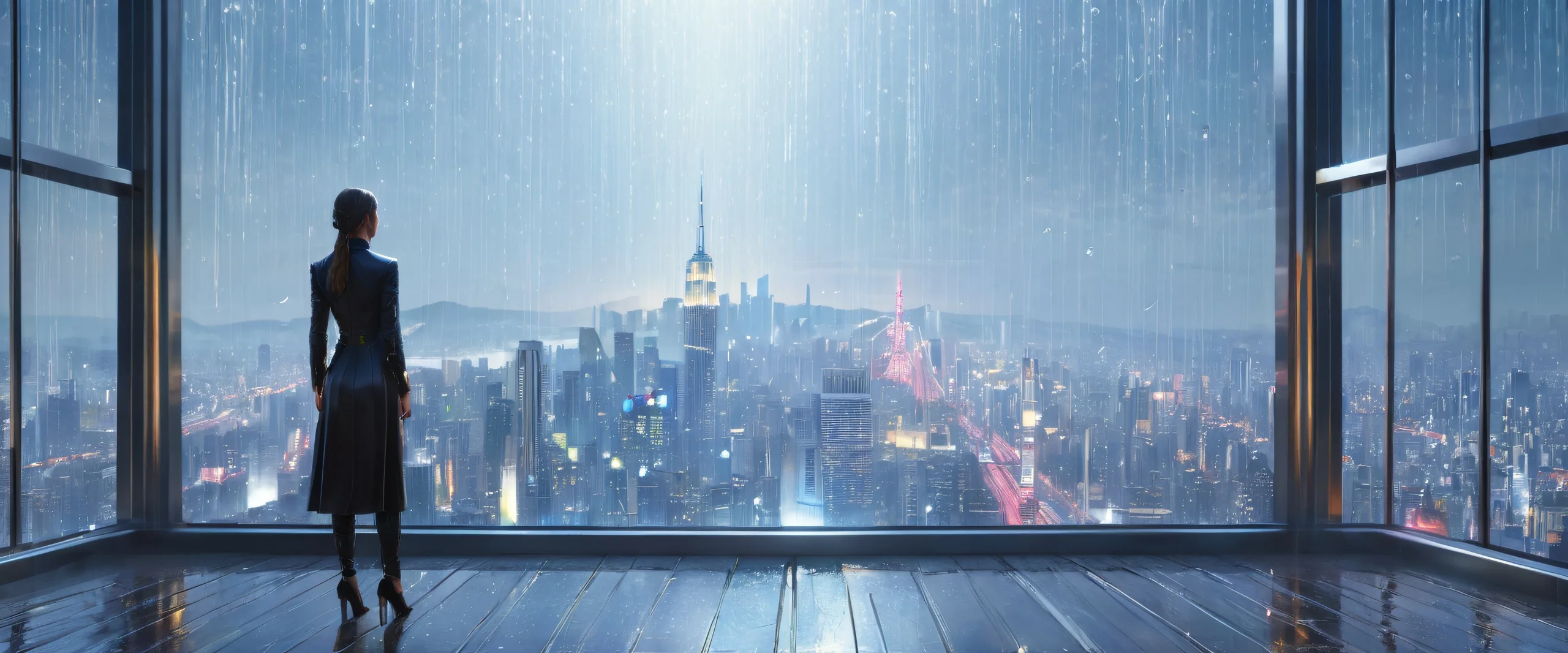 Neon City Reflections 4K UHD Wallpaper A lone figure stands at the edge of a skyscraper, gazing out at a breathtaking neon-lit cityscape reflected in raindrops on the windowpane.