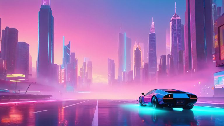 neon cityscape cassette tape reel holographic led lights retro 4k wallpaper scaled