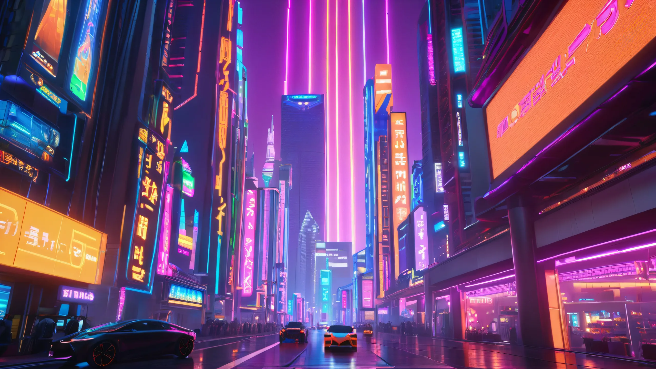 Futuristic cityscape with hackers gathered around an LED screen displaying a mysterious code. For Desktop/PC.