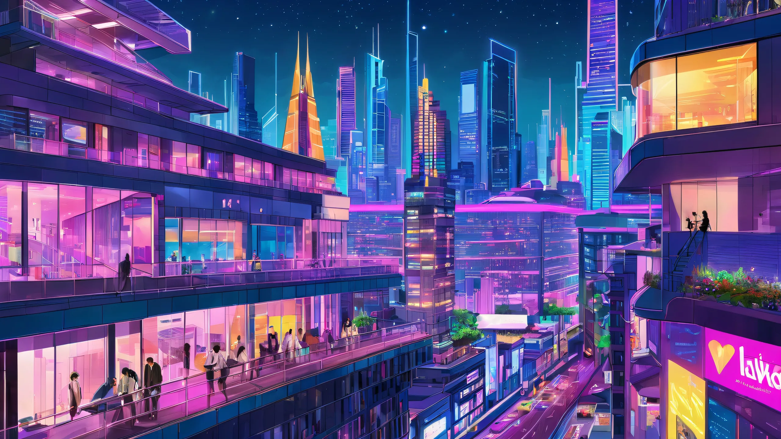 4K Neon Cityscape Masterpiece Desktop Background A futuristic cityscape with neon-lit walls and holographic advertisements on a desktop or PC background.