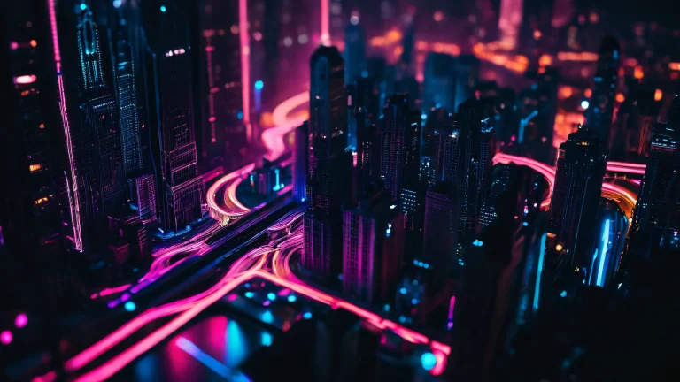 A futuristic cityscape with neon lights and circuit board textures at dusk.