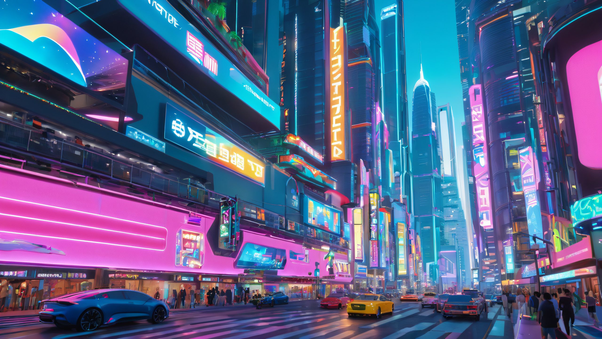 Neon Cityscape Odyssey 4K UHD Widescreen A futuristic city scene for desktop/pc featuring sleek skyscrapers and holographic advertisements.