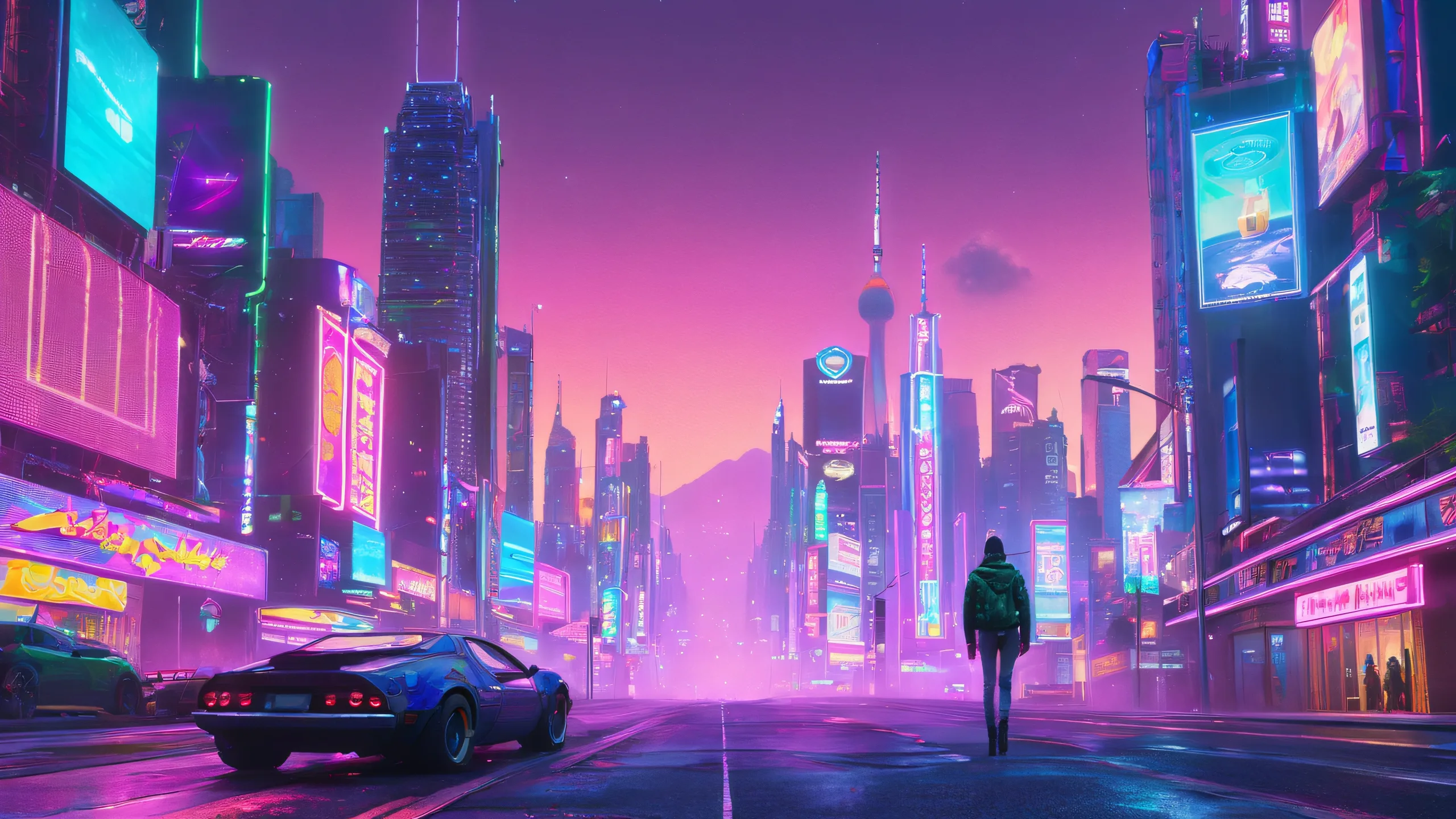 Neon Cityscape Odyssey Aesthetic PC Wallpaper A lone wanderer stands at the edge of a vast neon-lit metropolis, with towering skyscrapers and holographic advertisements piercing the smog-filled sky. Suitable for desktop/pc use.