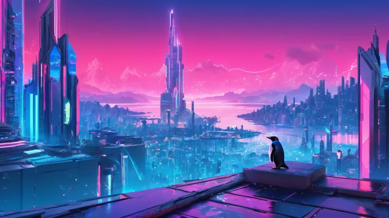 Penguin's award-winning digital art of a futuristic cityscape at nighttime on a Desktop/PC.