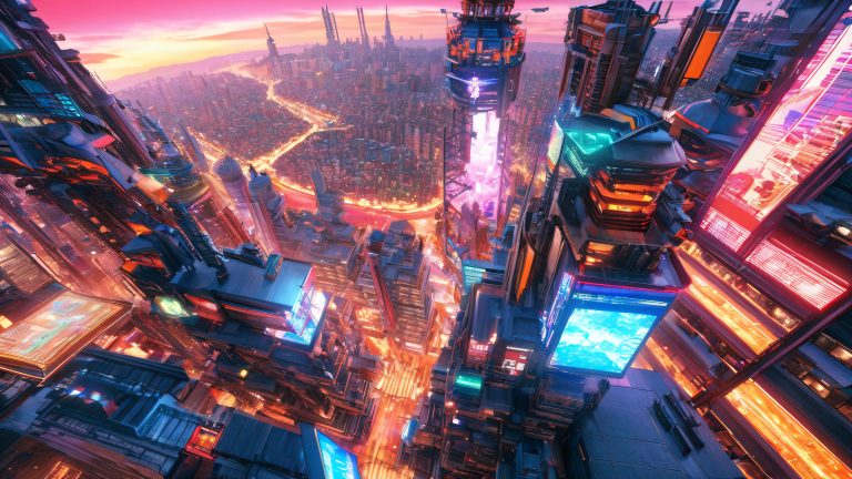 neon cityscape sunset scaled