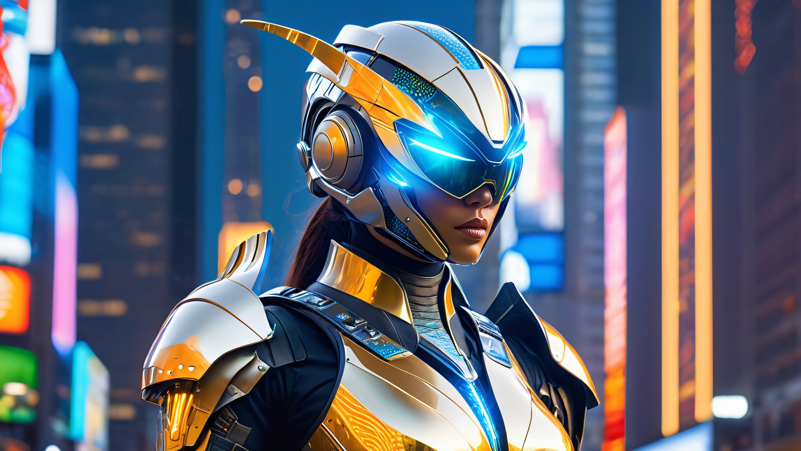 Armored woman with glowing optics and energy shield on a dark city street, suitable for desktop/PC