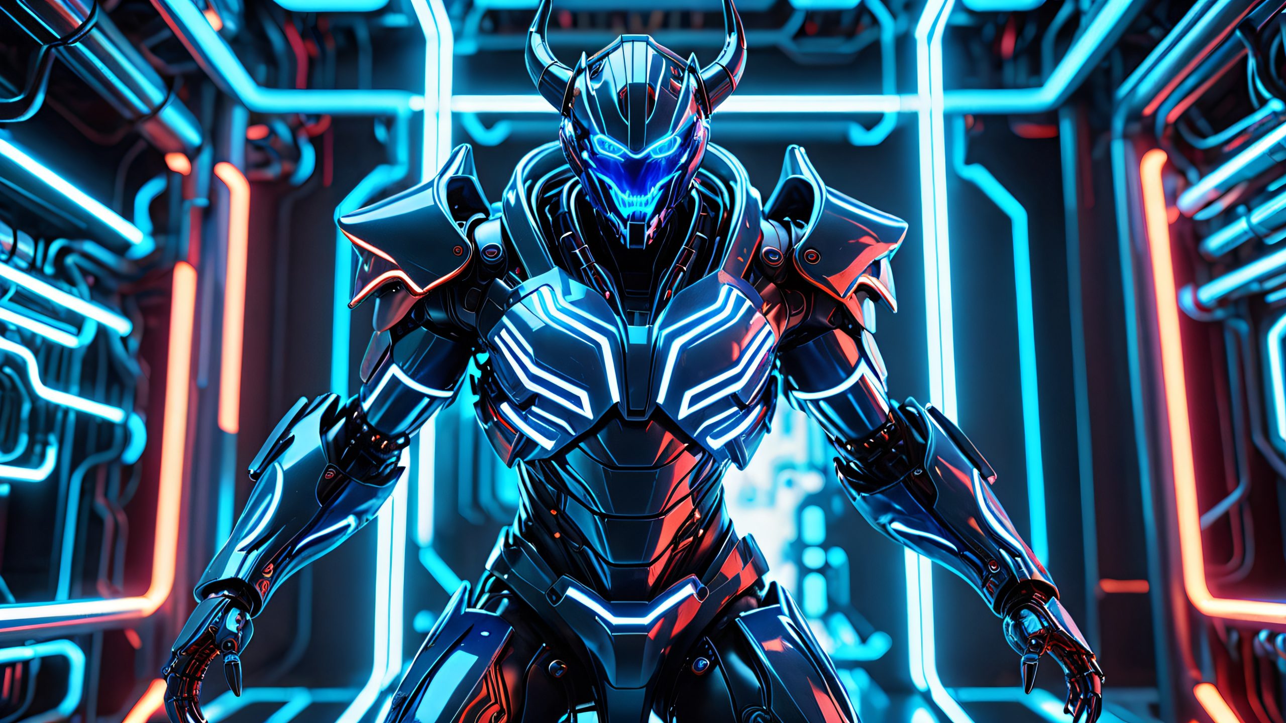 A futuristic Cyberdemon emerges from a swirling vortex of code and circuitry on a dark, metallic desktop/pc