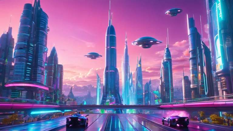 A futuristic cityscape on Desktop/PC with towering skyscrapers, holographic ads, and flying cars, featuring a sleek spaceship descending from the clouds.