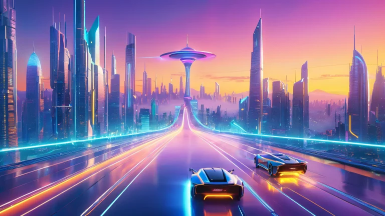 A futuristic cityscape for desktop/pc featuring sleek skyscrapers, glowing neon billboards and humming hovercars amidst a swirling vortex of motion graphics.