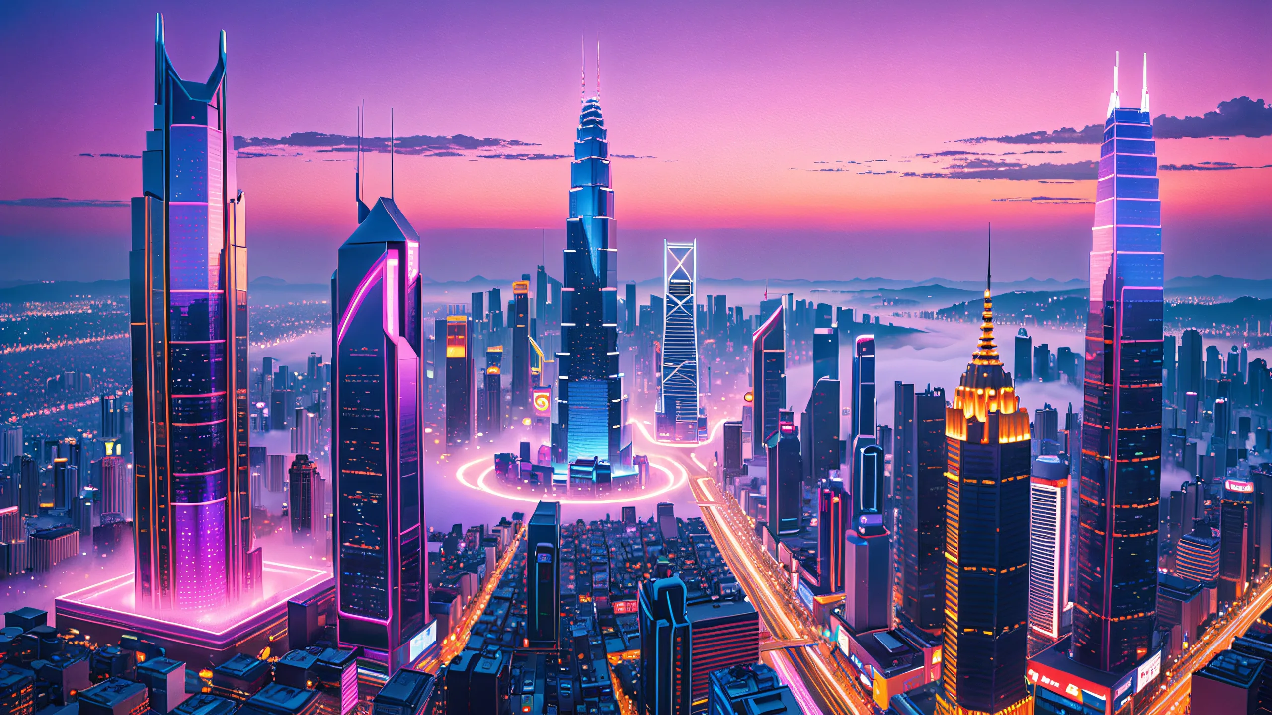 Neon Dragon Metropolis Rise 4K UHD Widescreen A serene cityscape at dusk with a majestic dragon rising from the mist-shrouded streets. Desktop/PC.