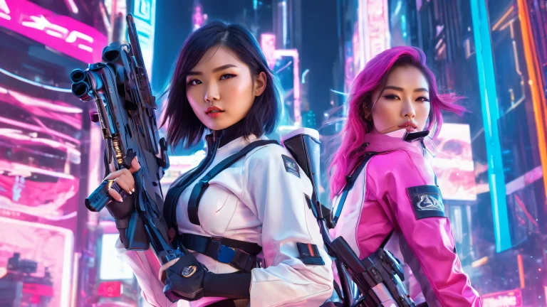 A futuristic desktop featuring Asian women in a high-tech environment with neon lights and cityscapes, suitable for a desktop/PC.