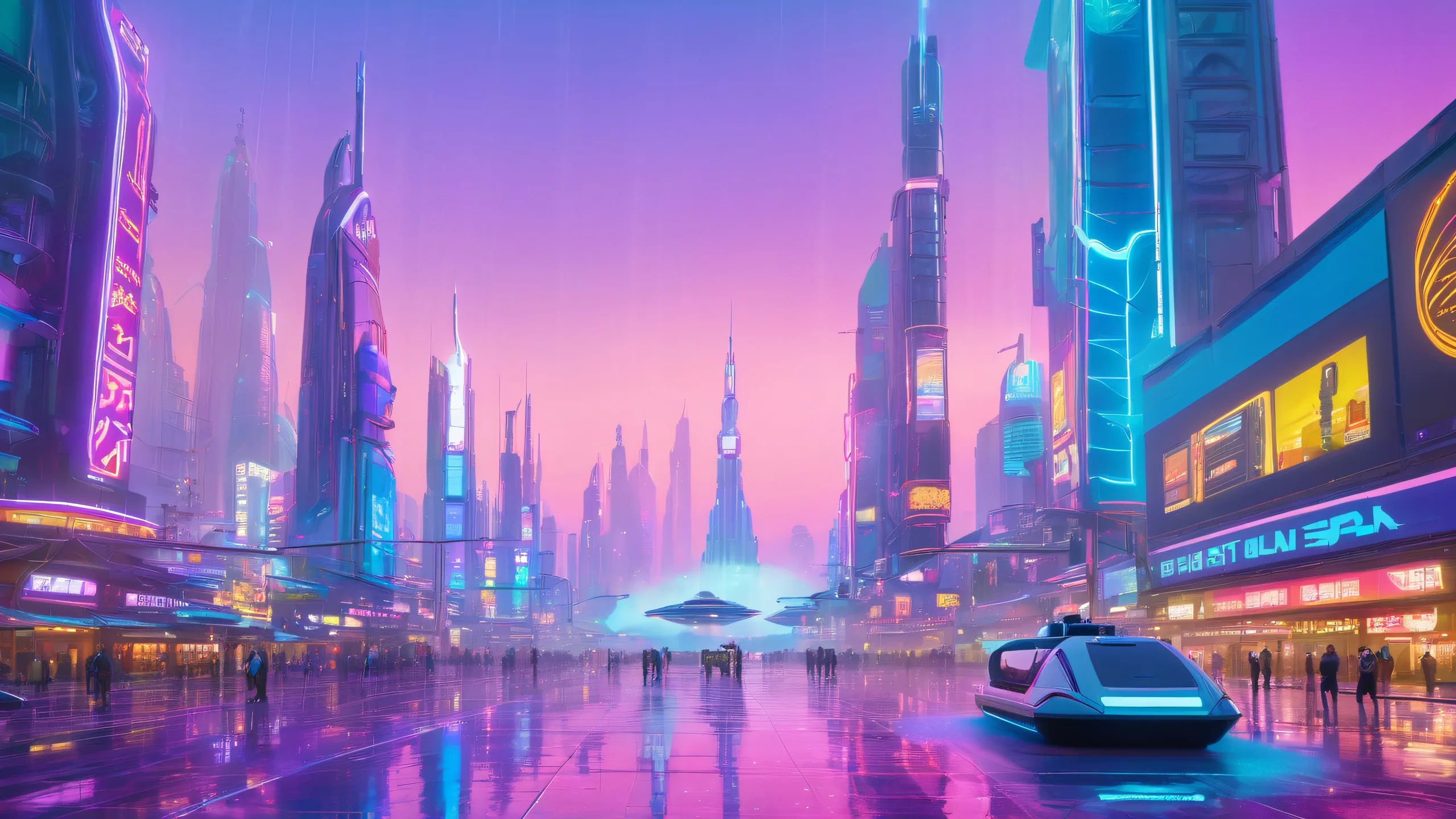 Stunning Neon Dusk Metropolis Eruption 4K Wallpaper A bustling virtual metropolis at dusk with neon-lit skyscrapers and holographic advertisements reflecting off the wet pavement, citizens gathered around a central fountain for heated debates about netrunning exploits. Suitable for desktop/pc background.