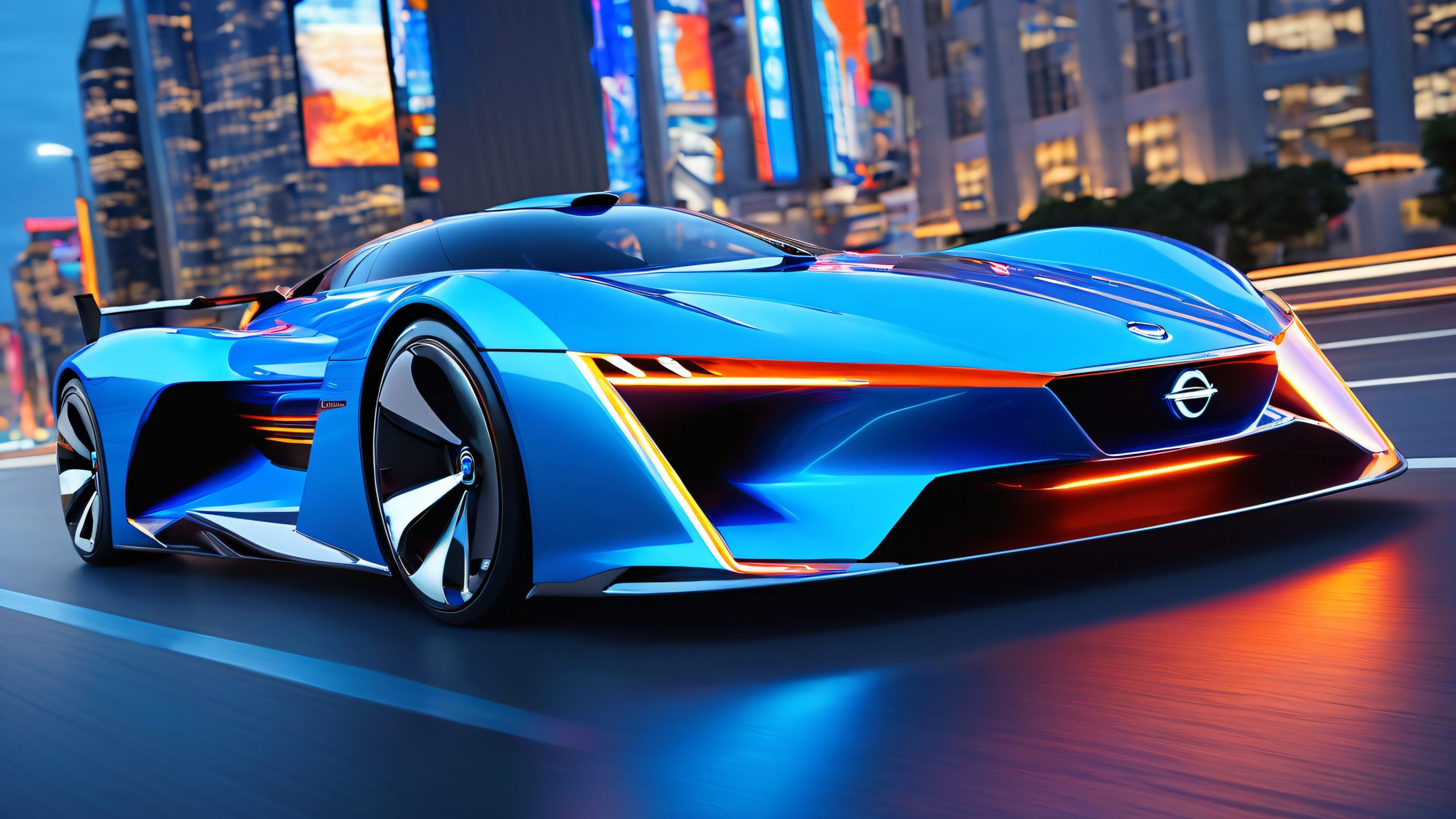 Sleek electric supercar with gull-wing doors on a dark cityscape with neon lights and holographic advertisements, suitable for a desktop/PC background.