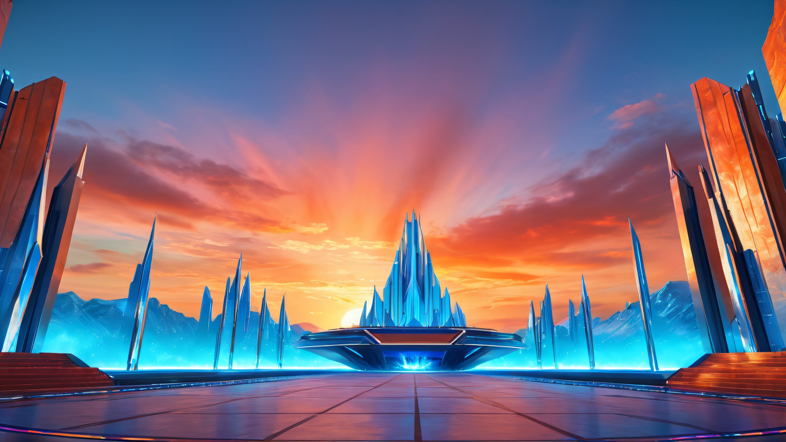 Stunning Neon Esports Arena 4K Wallpaper Futuristic esports arena stage with LED screens and metallic pillars