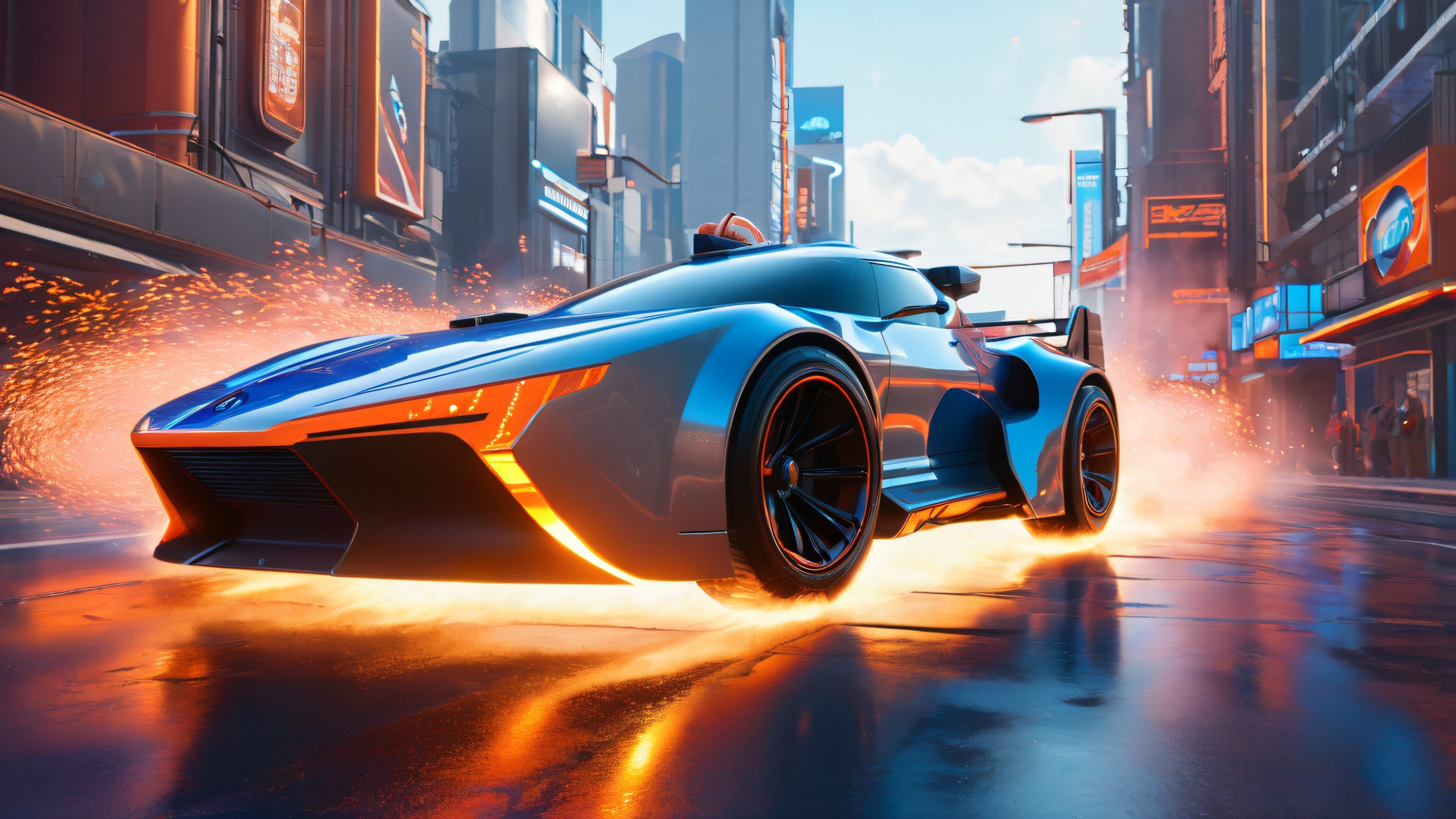 A sleek battlecar speeds through a post-apocalyptic city, surrounded by sparks and debris, ideal for desktop/pc.