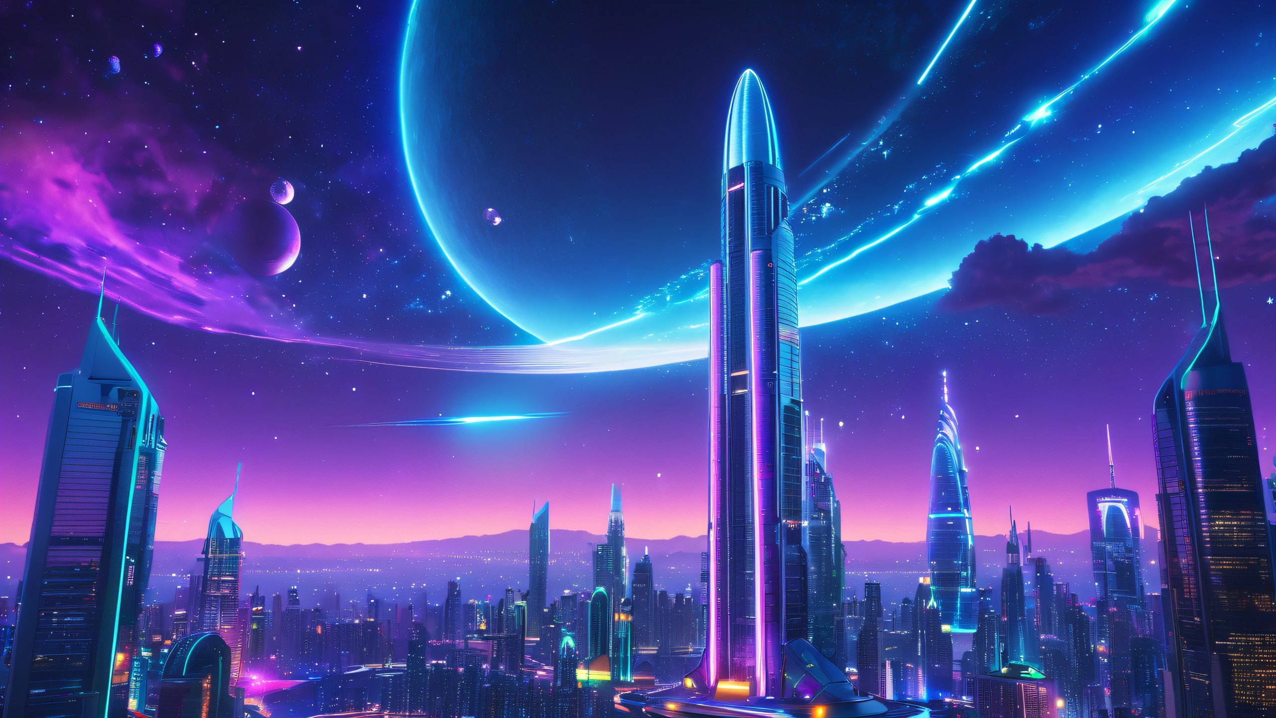 Futuristic cityscape with neon-lit skyscrapers and a spaceship docked in the distance, suitable for desktop/pc use.