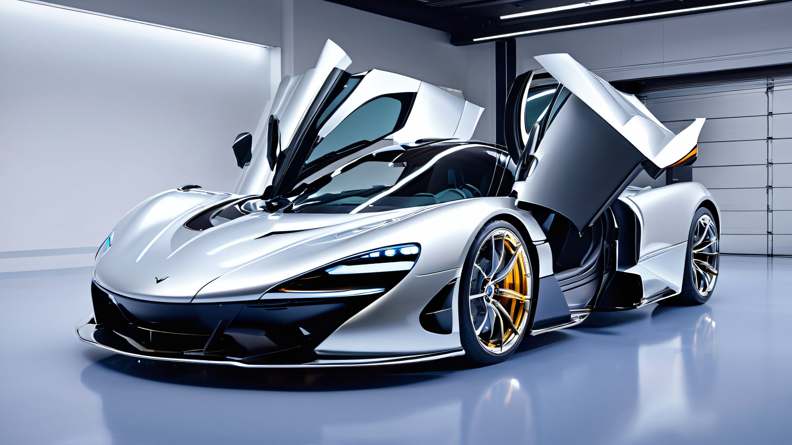 Sleek, futuristic McLaren W1 hypercar in a high-tech garage with polished chrome trim and glowing LED lighting, suitable for Desktop/PC use.
