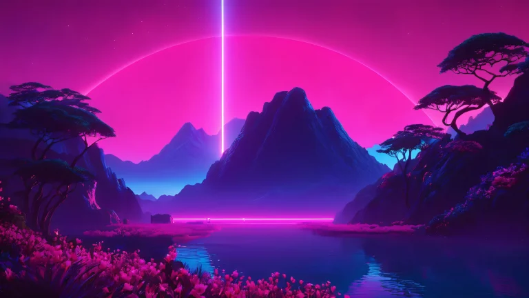 A vaporwave-inspired desktop wallpaper featuring a neon goddess against a dark background with a vertical grid of lights reflecting off her skin, PCおよびデスクトップでの使用に適しています.