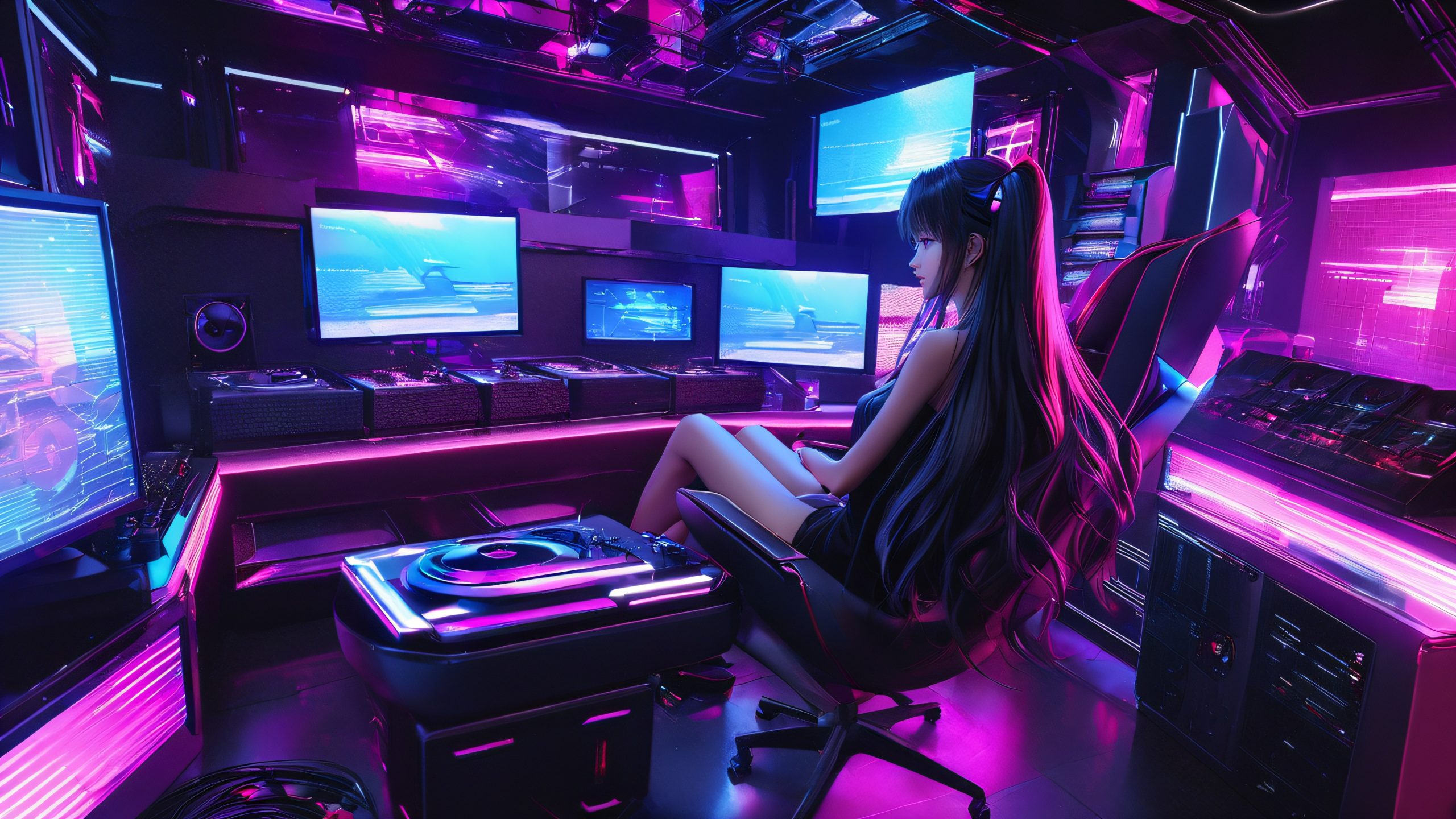 Anime-inspired hacker in a neon-lit lair with computer terminals and holographic screens.