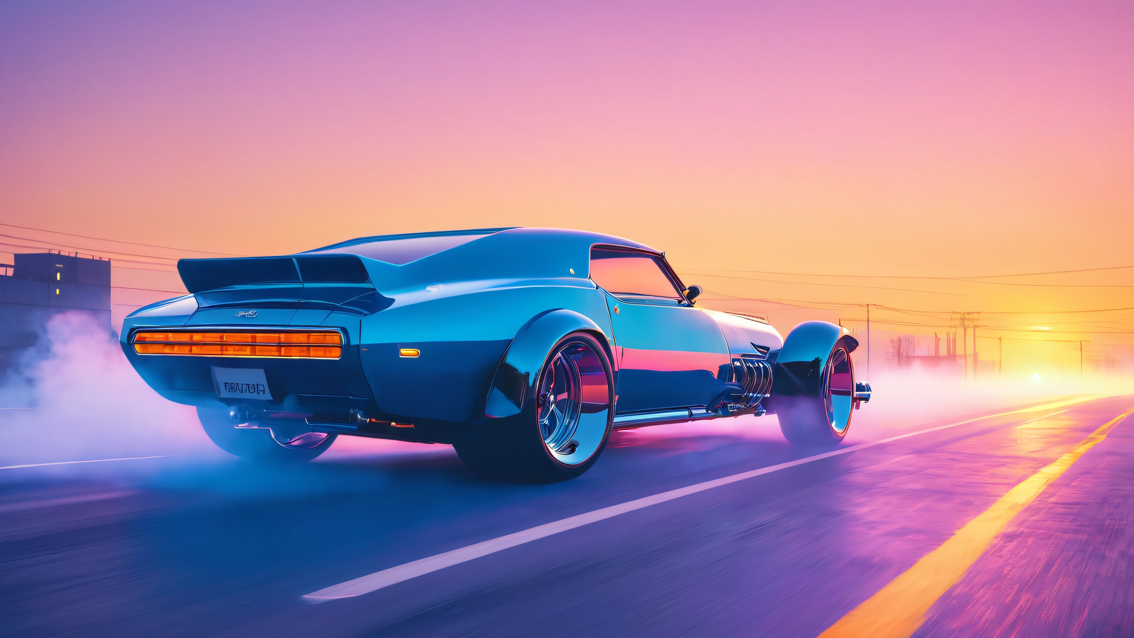 A neon-lit hot rod speeding down a deserted highway at sunset, surrounded by smoky blue fog and distant cityscapes.
