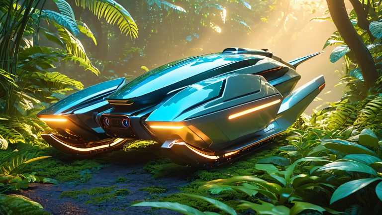 neon jungle encounter futuristic hoverbike wallpaper scaled