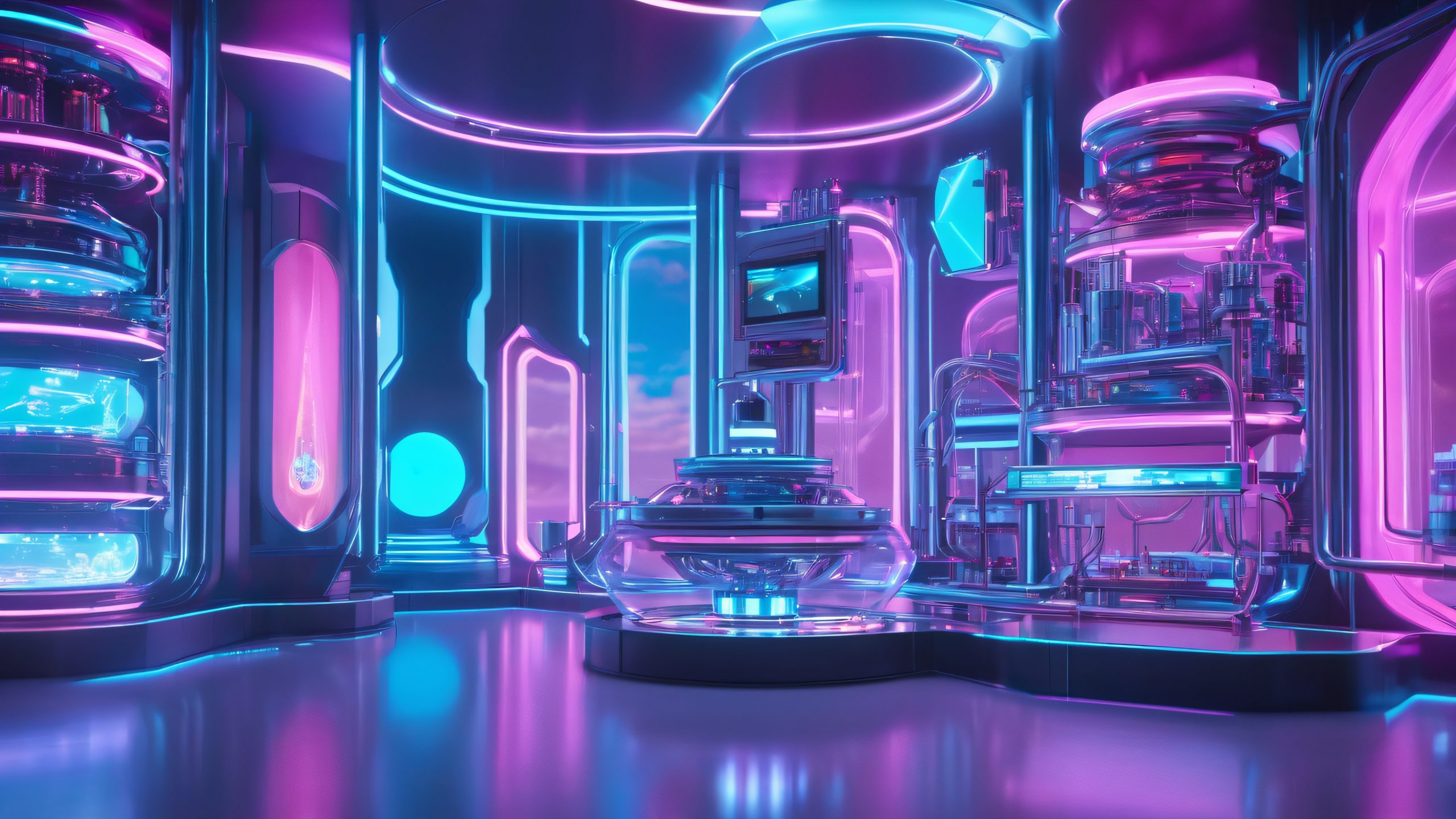 Neon Lab Tinkerer 4K UHD Wallpaper A futuristic laboratory filled with holographic screens and machinery, where an inventor works amidst swirling clouds of plasma and circuit boards.