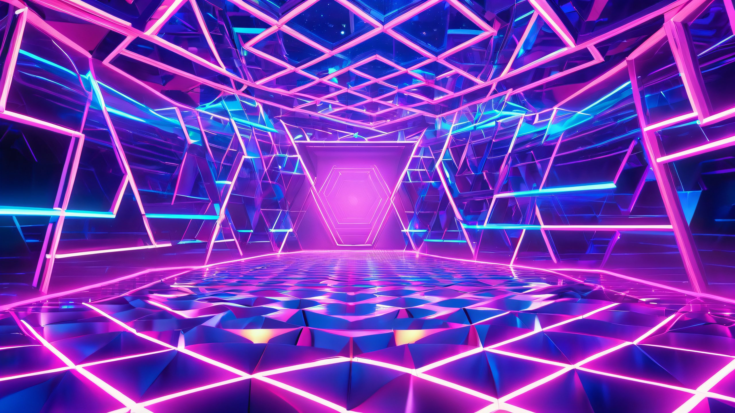 Mind-bending 3D labyrinth with neon-lit polygons and pyramids in a futuristic laboratory setting.