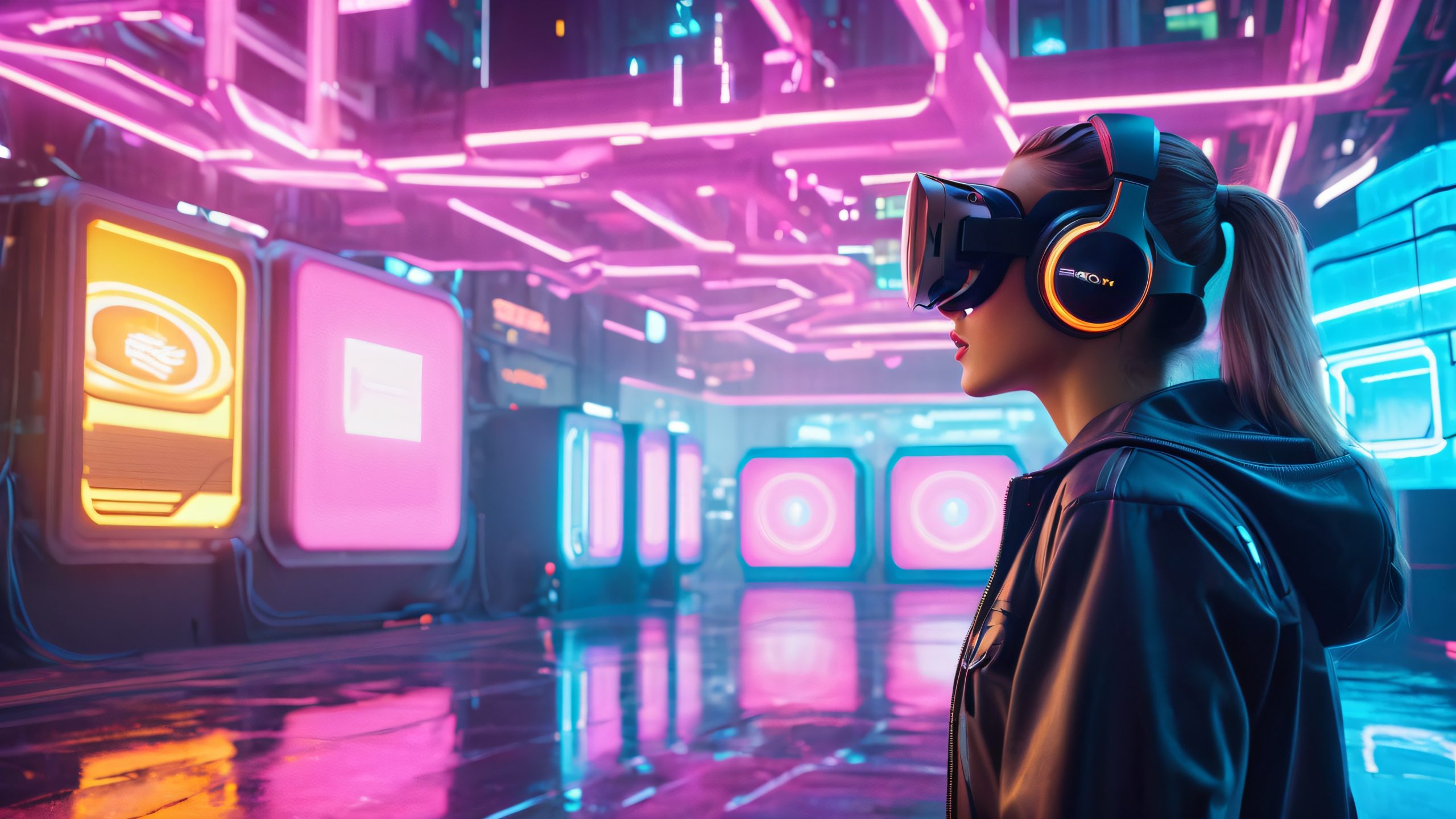 Rebellious hacker Roxy navigates a virtual reality labyrinth on a desktop/pc, surrounded by code and circuitry, with a fierce determination