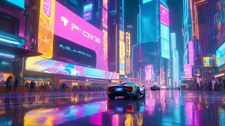 A futuristic cityscape with neon-lit alleys and holographic advertisements on a desktop/pc background.