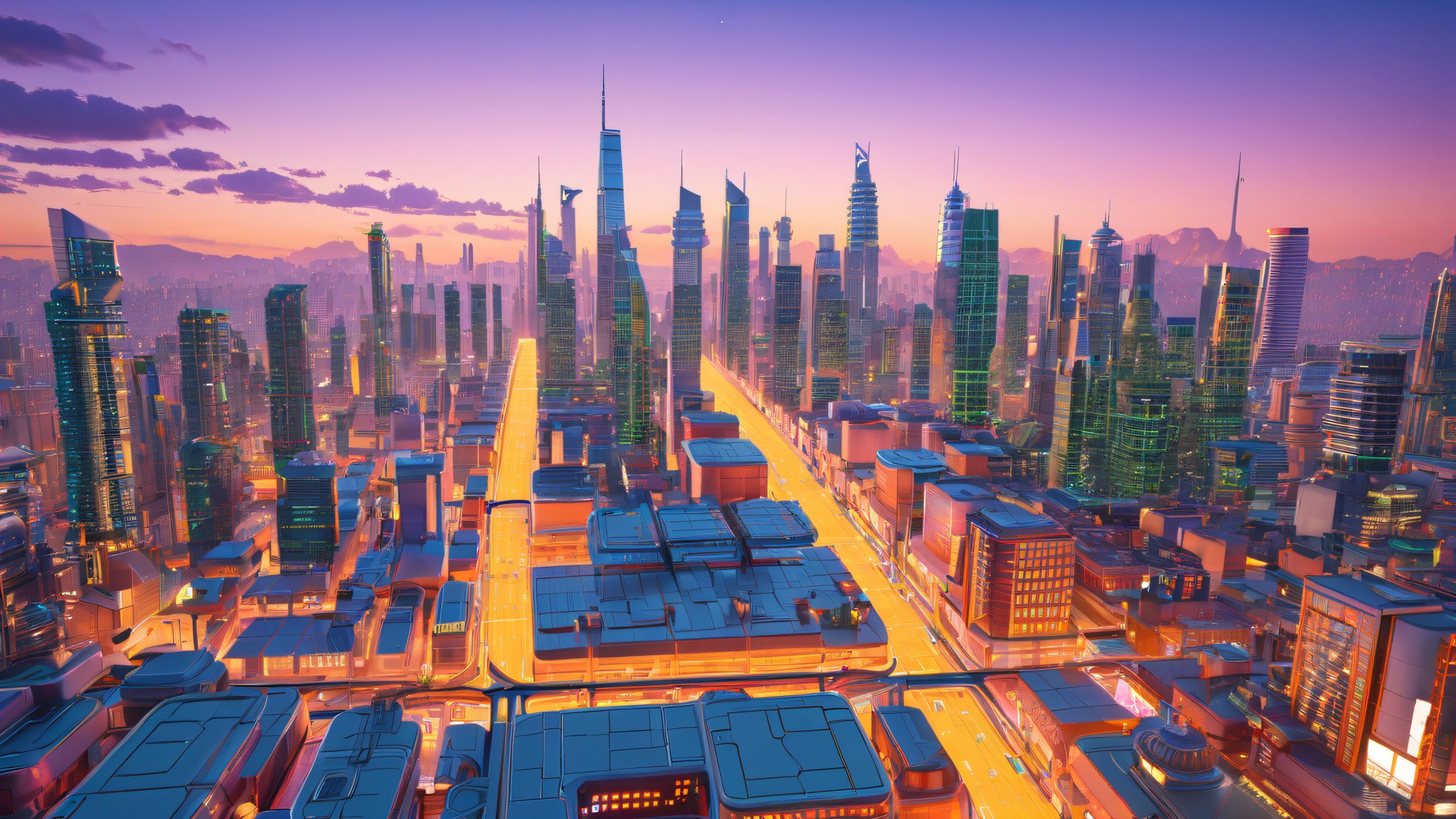 Futuristic cityscape with neon-lit streets and circuit board details, suitable for desktop/pc background.