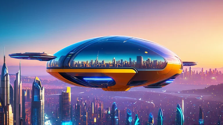 Sleek boost pod suspended above futuristic metropolitan landscape for desktop/pc use.
