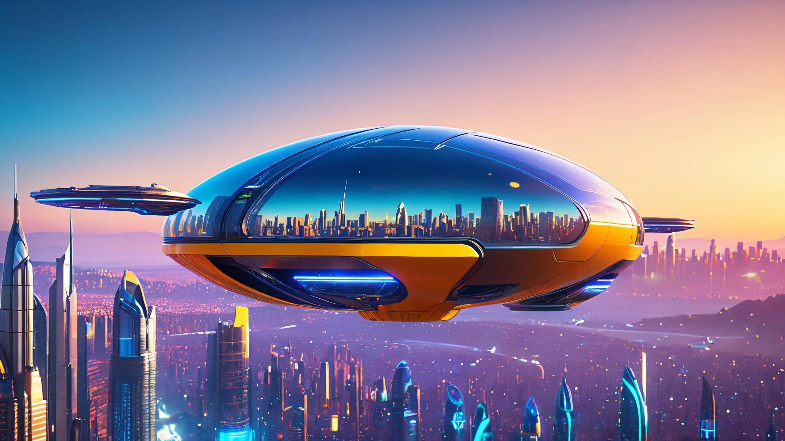 Sleek boost pod suspended above futuristic metropolitan landscape for desktop/pc use.