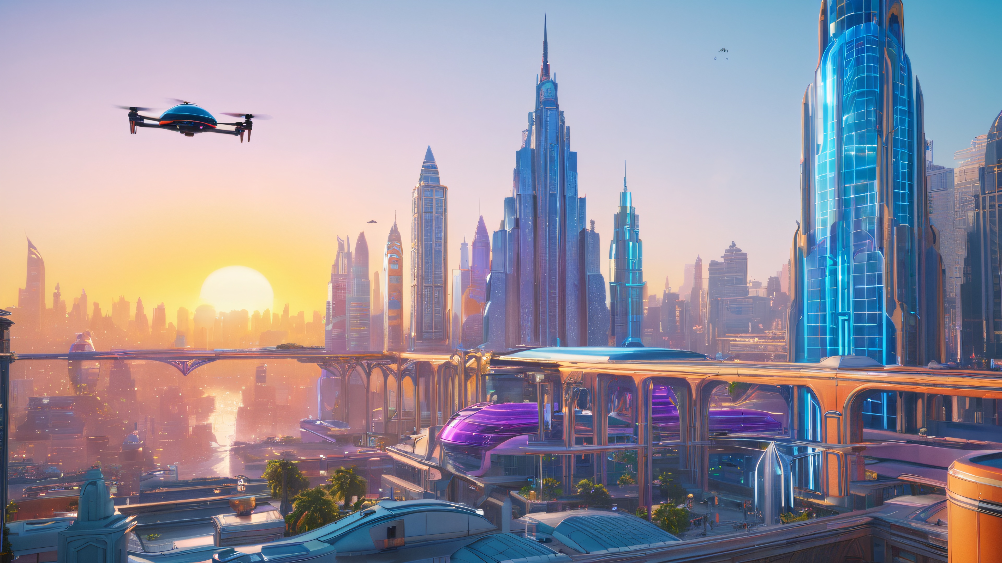 A futuristic cityscape with neon-lit skyscrapers, elevated walkways, and a majestic city hall building with a glowing dome, surrounded by futuristic vehicles and flying drones.