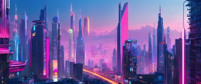 A futuristic cityscape with neon lights and digital art for Desktop/PC