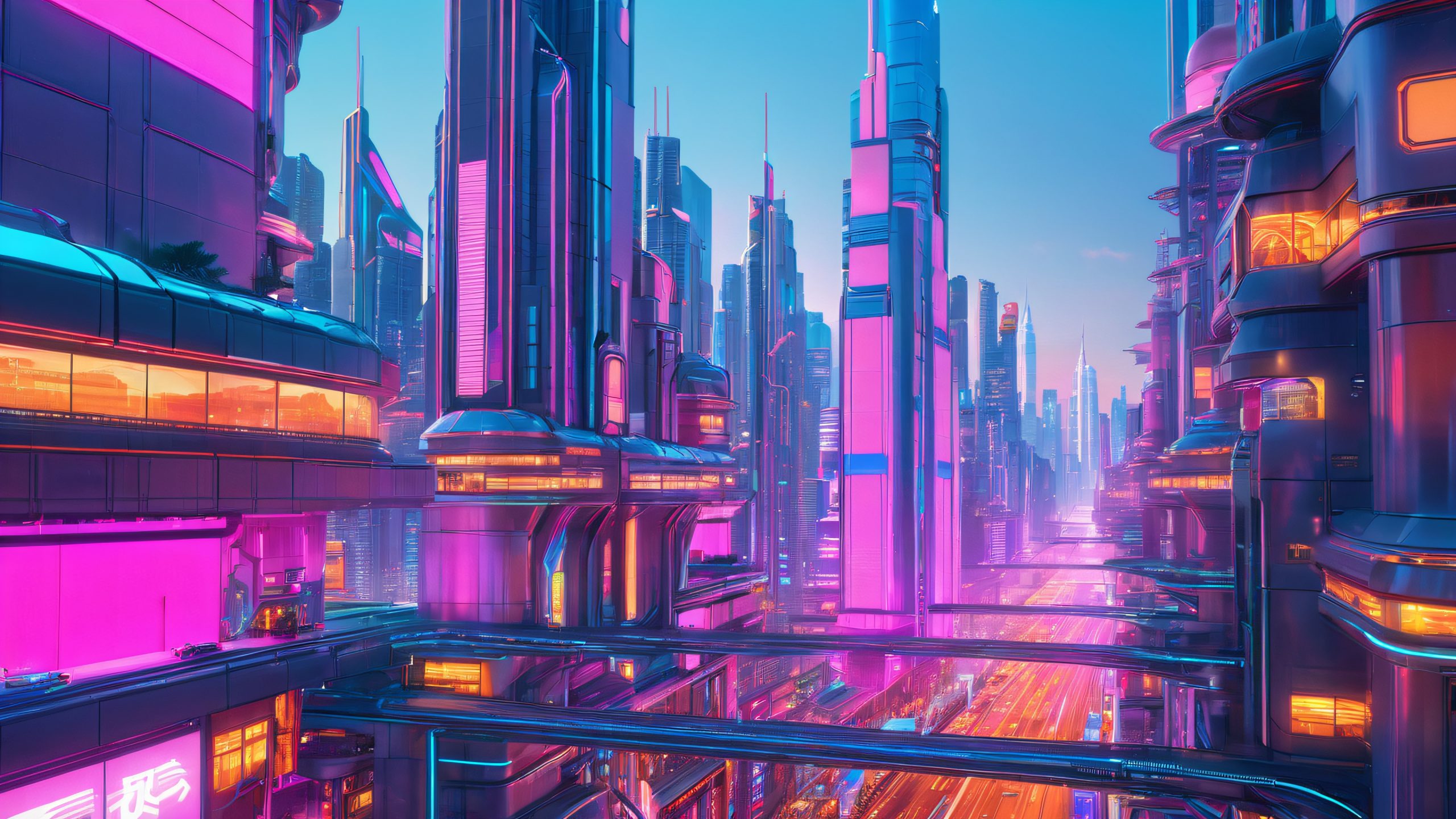 Neon Metropolis Dusk 4K UHD Wallpaper A futuristic cityscape at dusk, with towering skyscrapers and reflective surfaces mirroring the vibrant city below