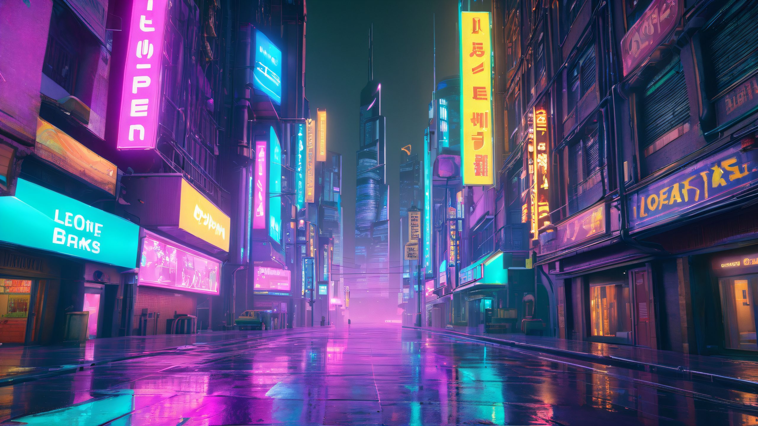 A dystopian cityscape with skyscrapers and holographic advertisements for a desktop/pc background