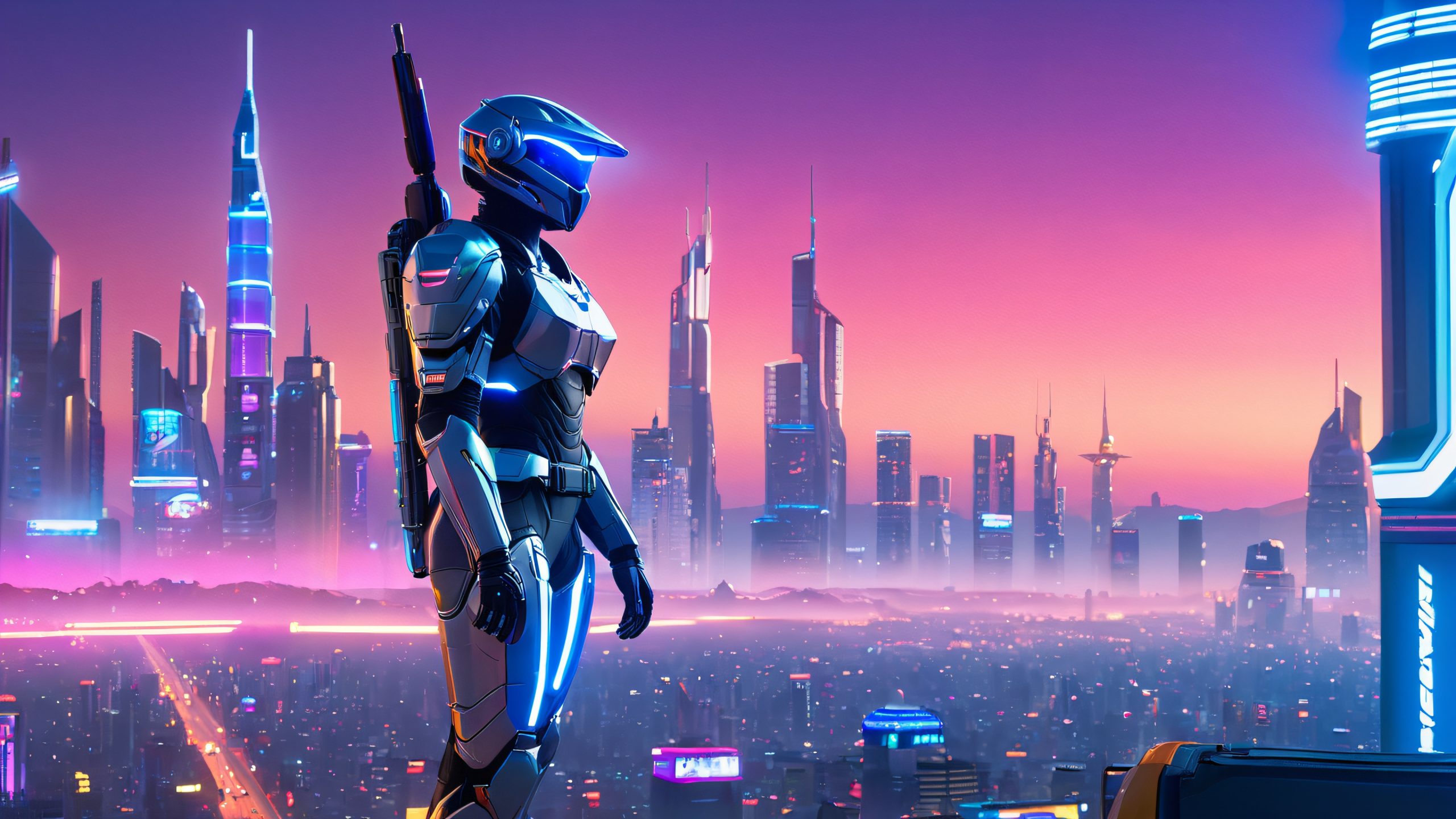 A futuristic Ranger M.U. stands tall amidst a bustling metropolis, with neon lights and holographic advertisements illuminating the cityscape, ideal for desktop/pc use.