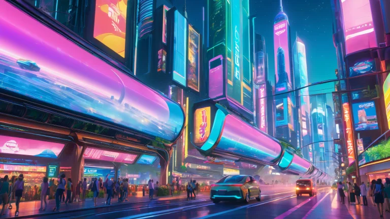 A futuristic cityscape with towering skyscrapers and neon-lit billboards, featuring transportation pods and holographic advertisements on a desktop/pc.